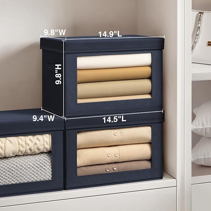 Stackable Storage Bins with Lids - Medium Storage Box with Lids, Foldable Closet Boxes for Organizing, Wardrobe Clothes Organizer with Window, Cubes Bins for Living Room, 5 Pack, Navy Blue