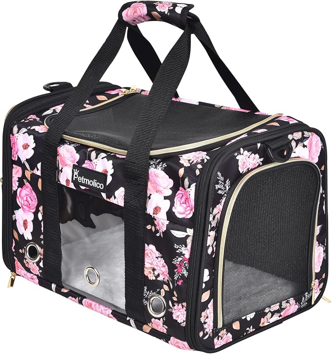 Petmolico Cat Carrier Soft-Sided Airline Approved, Medium, Pink Peony | For small/medium cats & puppies up to 16 lbs, 3 open doors, travel-friendly pet bag