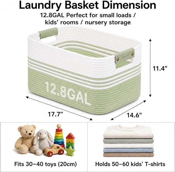 12.8GAL Small Cute laundry basket for nursery, Boho Square storage basket for Living Room Decor, Kids Girls Boys Toys Stuffed Animal Decorative Short Hamper for Dirty Clothes, Bath Towel White Green