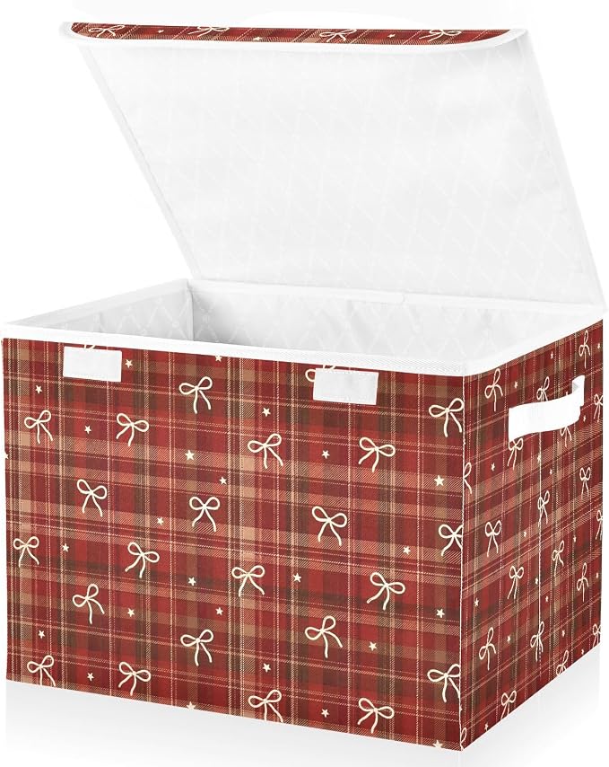 Christmas Fabric Storage Bins with Lid Foldable Cube Storage Boxes Baskets | Decorative Storage Boxes, 300D Oxford Cloth, Hollow Board Frame, Flip Top Velcro Lid, 16.5x12.6x11.8 inch, Collapsible Design