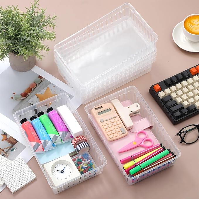 Boao 48 Pieces Plastic Baskets for Organizing 10.24 x 6.5 x 2.36 Inch Rectangular Storage Trays Plastic Organizer Bins Rectangle for Classroom Organization(Clear)