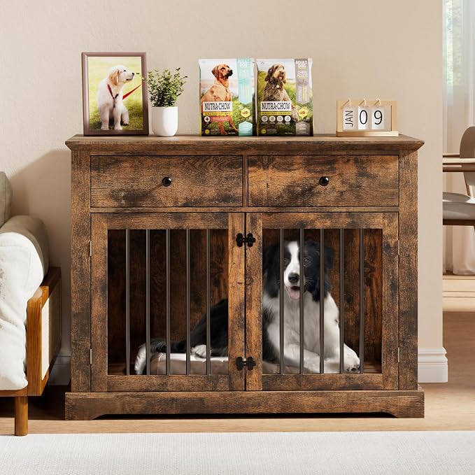 PUKAMI Large Dog Crate Furniture with 2 Drawers, 44 Inch Wooden Dog Kennel Indoor, Crate Furniture as Decorative End Table, Cage Furniture for Small Medium Large Dogs (Brown, 1-Pack Set)