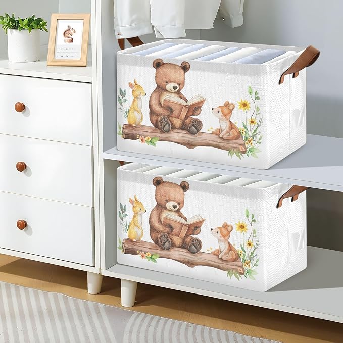 Cute Reading Bear Woodland Animal Storage Basket for Baby with Handles&Label Rectangular Waterproof Nursery Storage Bins Collapsible Organizer Baskets for Kids Cloth Gift Toys Laundry Shelf, 2 PC