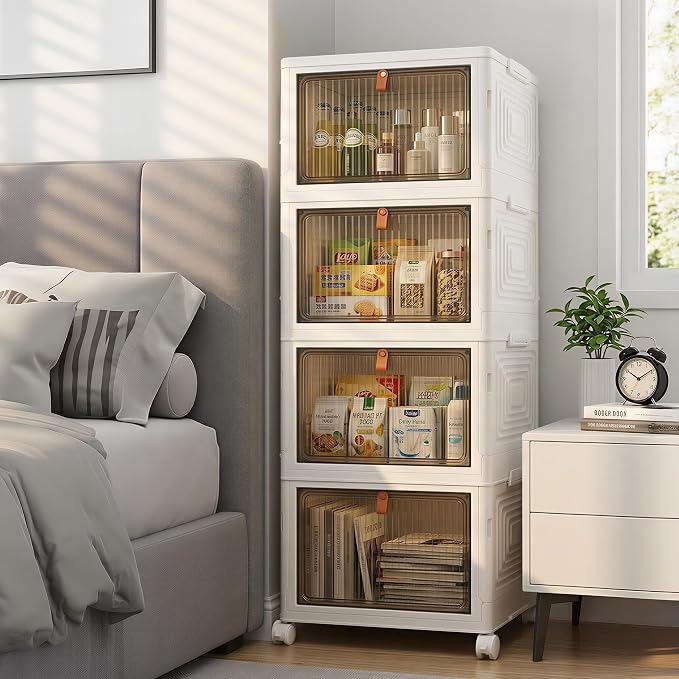 LDQ 136Qt Large Storage Bins with Lids, 4 Tier Stackable Storage Cabinet with Wheels & Clear Doors, Foldable Plastic Closet Organizer for Bedroom, Bathroom & Kitchen