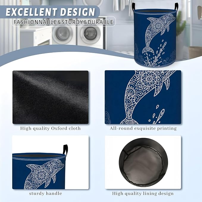 Jumping Dolphin Laundry Basket, Blue Bohemian Ocean Waves Storage Hamper, Round Collapsible Waterproof Cloth Bin, 19.7x15.7 Inch Boho Sea Clothes Organizer Gifts for Bathroom Decor