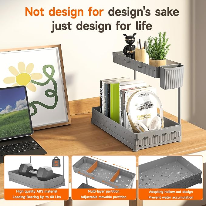 3-Pack 2-Tier L-Shaped Under Sink Organizers with Sliding Drawers | Multi-use kitchen & bathroom storage, 12.85 inch grey cabinet organizer, space-saving sliding drawer design.