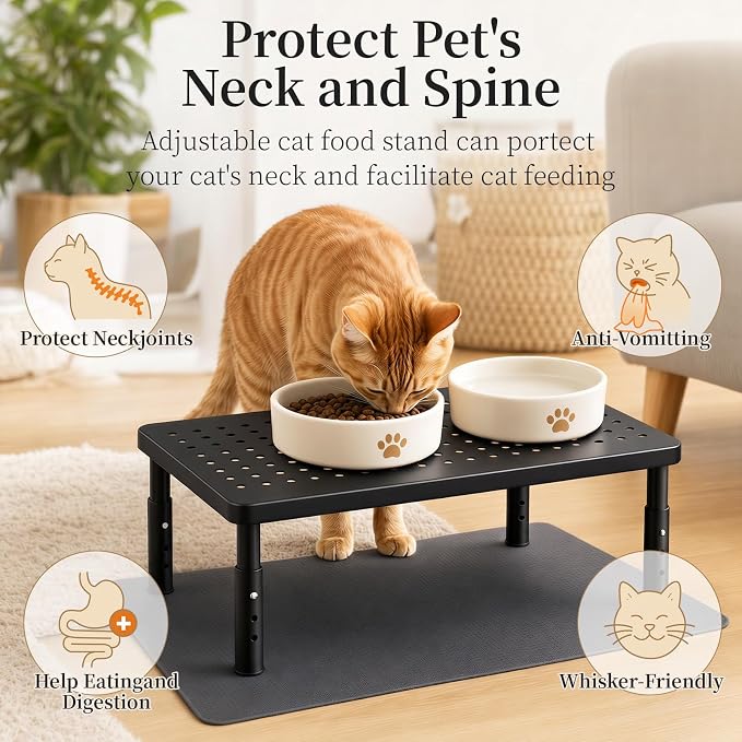Adjustable Automatic Cat Feeder Stand - Elevated Cat Feeder Stand with 3 Height Settings, Fits Most Automatic Feeders & Tradition Bowls, Raised Pet Feeding Table Station for Cats & Small Dogs - Black