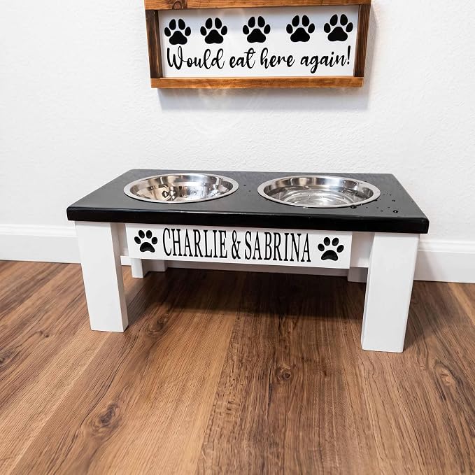 Personalized Dog Bowls Stand for Small Dogs, Wood Elevated Feeding Station | Farmhouse Style, Stainless Steel Dishwasher Safe Bowls, Raised Anti-Slip Feeder, Made in USA