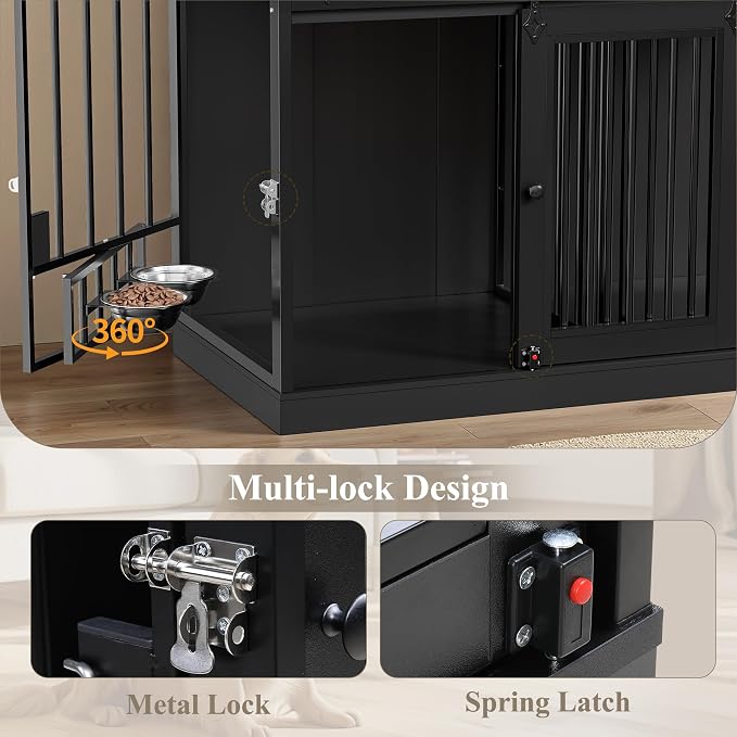 HOSTACK 71" Tall Dog Crate Furniture, Indoor Dog Kennel with Storage, Black | Removable Room Divider, 4 feeding bowls, Adjustable Shelves, Metal Lock & Spring Latch, Farmhouse Pet House for XL/XXL Dogs