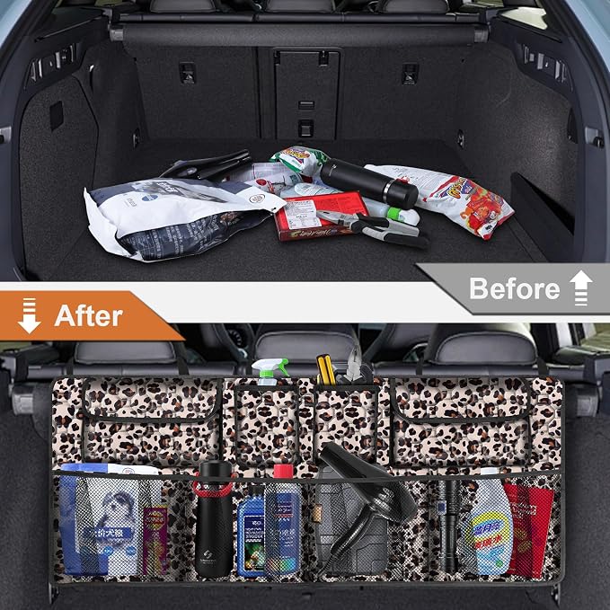 Car Trunk Organizer, Super Capacity Backseat Car Organizer for SUV/Truck/MPV, Hanging Car Storage Organizer with 8 Pocekts, Car Accessories for Women and Men- Leopard print