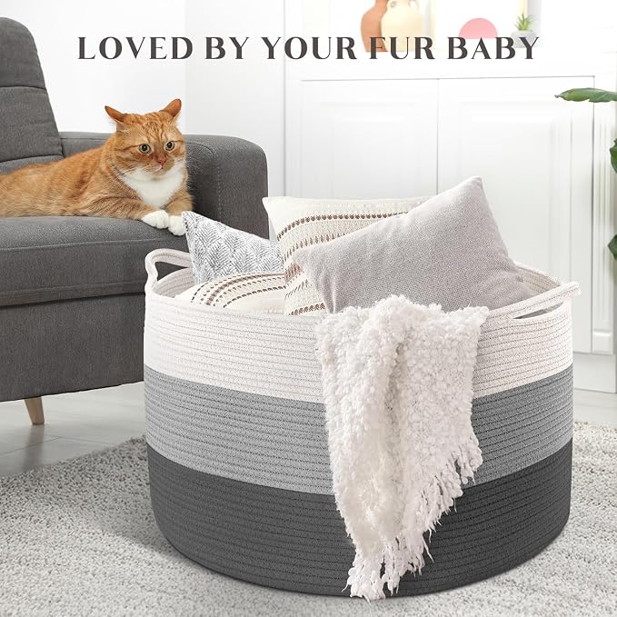Maliton Woven Rope Blanket Basket Living Room, Storage Basket for Toy, 90L | 22x22x14 cotton rope basket. Holds blankets, toys & towels & laundry. For bedroom, nursery, bath & playroom. Soft & durable.