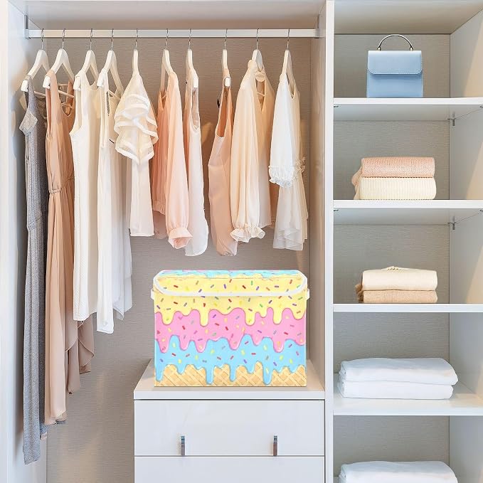 Icecream Waffle Storage Bins with Lids Closet Bedroom 40L Fabric Bin | Decorative Storage Boxes, Foldable & Stackable, Dust-Proof Flip Top, Reinforced Handles, For Home & Dorm, Clothes & Toy Box