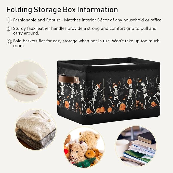 Halloween Skeleton Black Storage Basket with Waterproof Liner and PU Handles Spooky Skull Pumpkin Storage Bins Boxes 14.2" Collapsible Decorative Organizer Baskets for Bedroom Closet Office 2 Pack