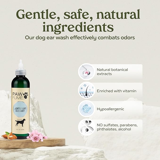 PawFume Dog Ear Cleaner Solution, 1-Pack – Soothe Itchy Ears Instantly – with St. John’s Wort & Almond Extracts, Vet-Certified Formula, Alcohol-Free & Sulfate-Free – Dog Ear Wash for All Breeds