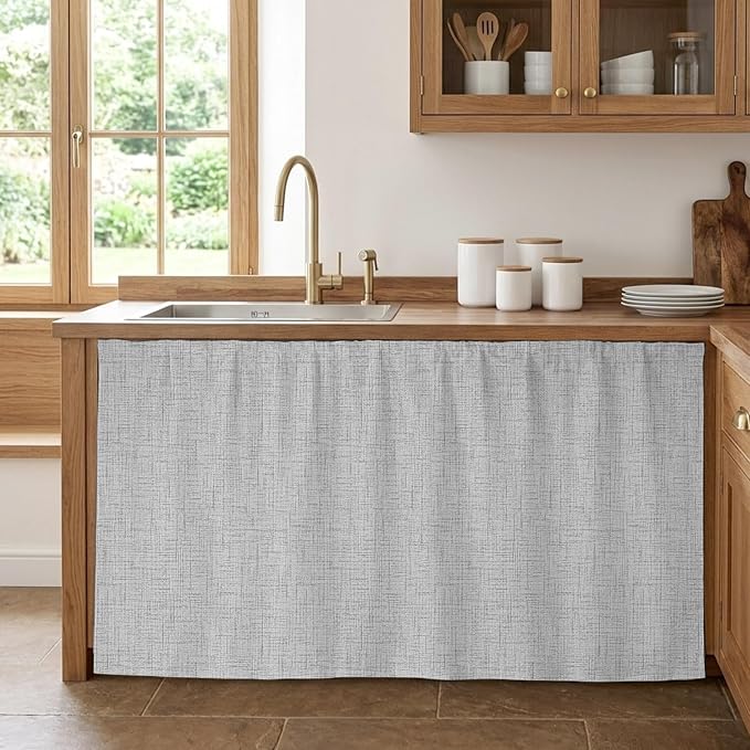 Cabinet Curtains 28x51inch Sink Skirt, Modern Minimalist Gray Desk Skirt for Kitchen Bathroom Shelves, Country Linen Style Privacy Cabinet Curtain Self Stick Adhesive Under Sink Skirts