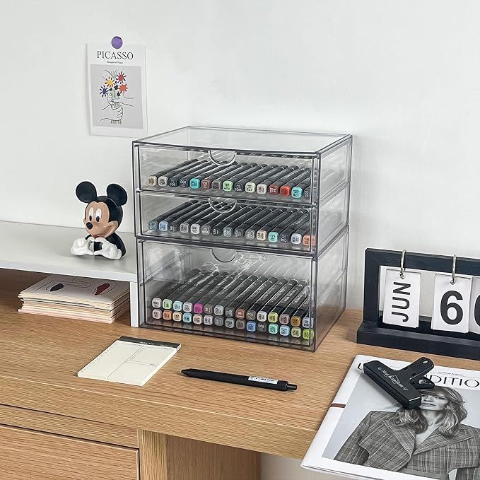 Clear Desk Drawer Organizer, 2 Pack, 3 Drawers | Stackable Desk Organizer and Accessories, For Home Office Supplies, Marker Pen, Art Crafts, Stationery, Coffee Pods