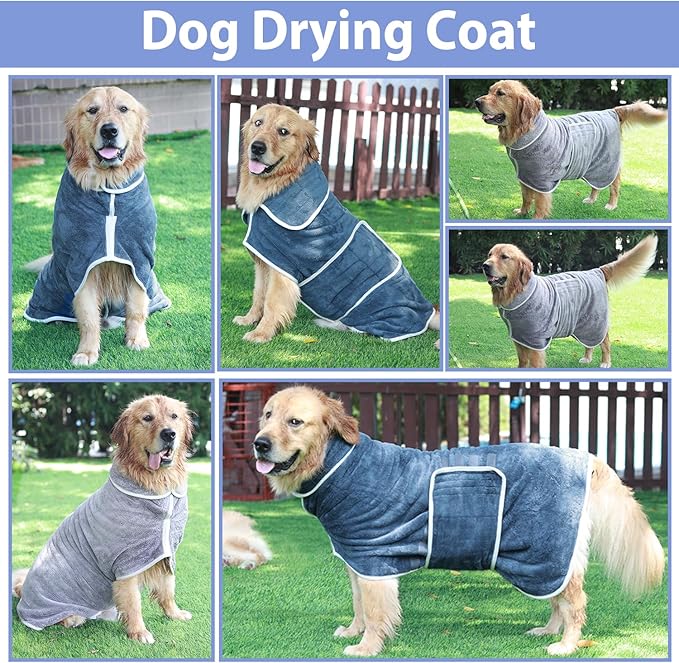 Dog Bathrobe Towel Drying Coat - Super Absorbent Dog Towels Bath Robe for Drying Dogs Large, Soft Adjustable Collar & Belly Strap Fast Drying Coat Pet Bath Robe Towel (Grey, Medium)