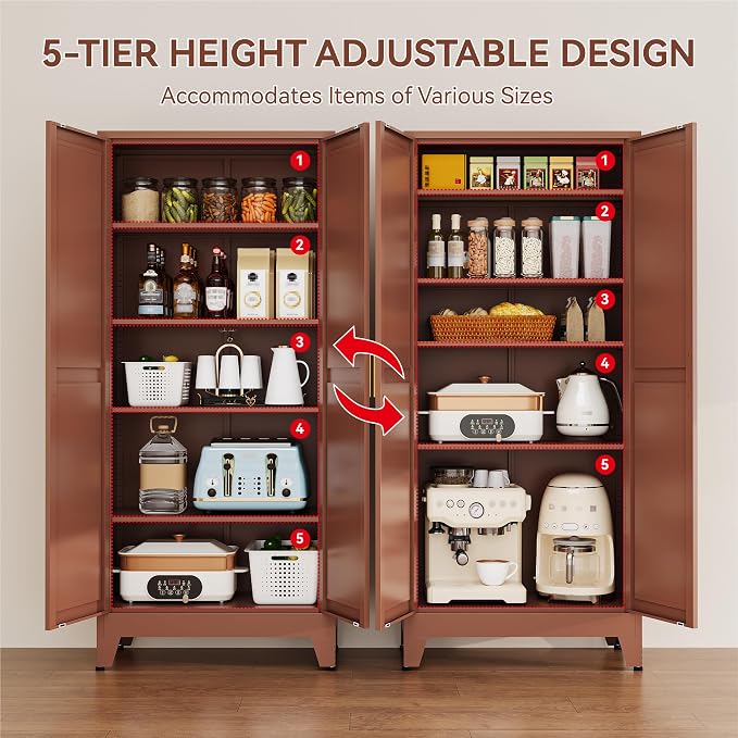 YAUWOH 71''Metal Cabinet with 4 Adjustable Shelves,5-Tier Pantry Storage Cabinet,Kitchen Pantry Cabinet for Living Room,Dining Room(1PC,Brown)