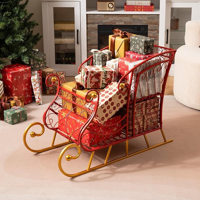 Metal Santa Sleigh, Red Christmas Decoration Sleigh Cart w/ 2-Tier Large Cargo Area for Present, Santa’s Gift Sleigh for Home Lawn Yard, Outdoor Christmas Sleigh Basket for Holiday (Hollow)