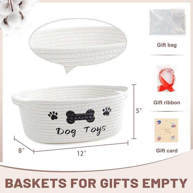 Bufims Small Woven Dog Gifts Basket for Storage Empty Dog Toy Bins Organizer with Ribbons and Bags Durable Cute Pet Gifts 12"X 8" X 5" Small Rope Basket for Gifting
