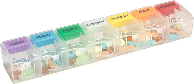 EZY DOSE Weekly (7-Day) Pill Planner, Medicine Case, Vitamin Organizer Box, 2X-Large Push N' Pop Open Compartments, BPA-Free, Rainbow/Clear Design | Daily Vitamin & Supplement Medicine Box, Push N' Pop Open Compartments, Convenient & Easy to Use, Trave...
