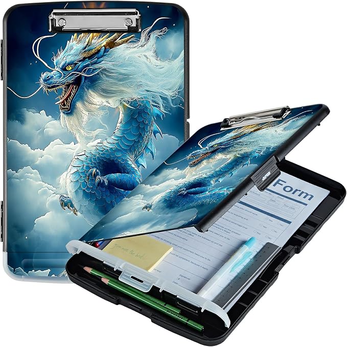 A4 Clipboard with Storage Pen Holder, Clipboards Organizer Nursing Clipboard Foldable File Folder Plastic Clipboard Folio Clip Board for Office Work Classroom Doctor, Cloud Blue Dragon