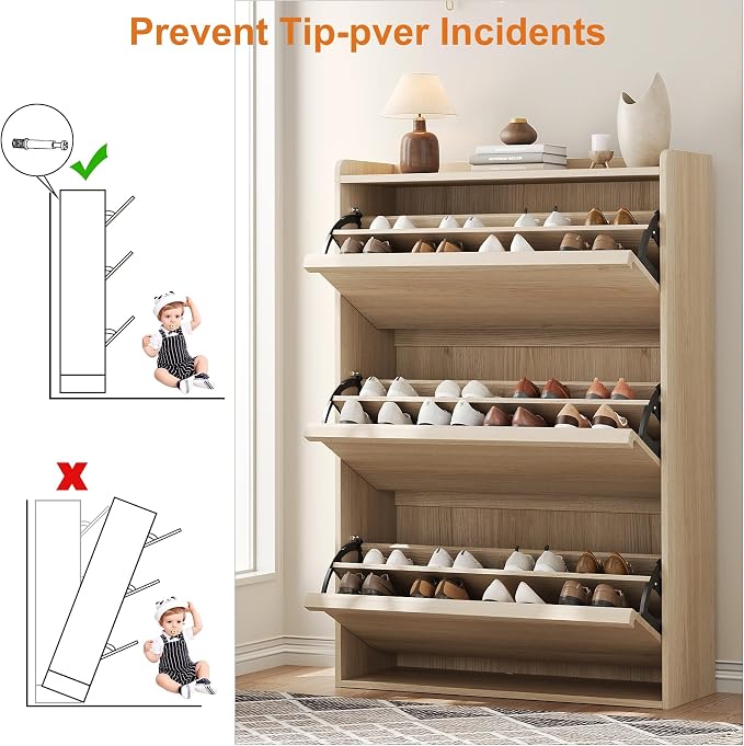 GarveeHome Shoe Cabinet with 3 Flip Drawers, Wooden Shoe Organizer Cabinet with Adjustable Shelf, Shoe Storage for Entryway, Hidden Shoe Cabinet for Hallway, Living Room, Natural Oak