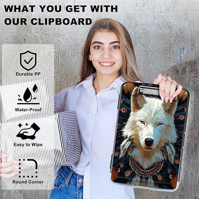 A4 Clipboard with Storage Pen Holder, Clipboards Organizer Nursing Clipboard Foldable File Folder Plastic Clipboard Folio Clip Board for Office Work Classroom Doctor, Feathers White Wolf