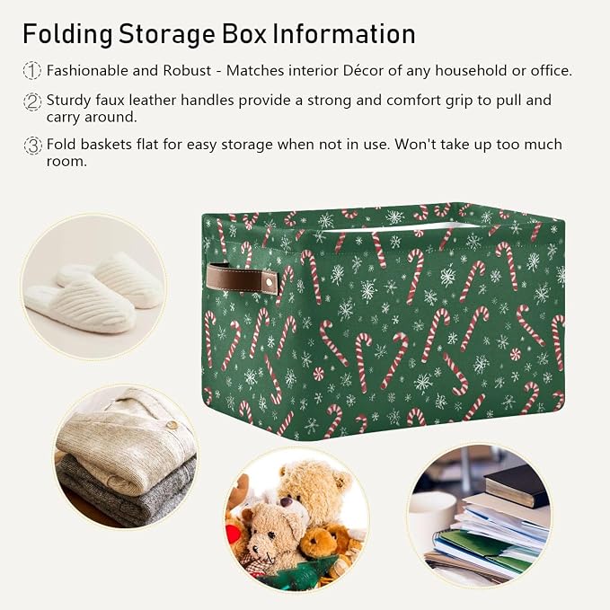 Wamika Christmas Green Storage Basket with Waterproof Liner and PU Handles Winter Candy Cane Snowflake Storage Boxes 14.2" Collapsible Decorative Organizer Baskets for Bedroom Closet Office 1 Pack
