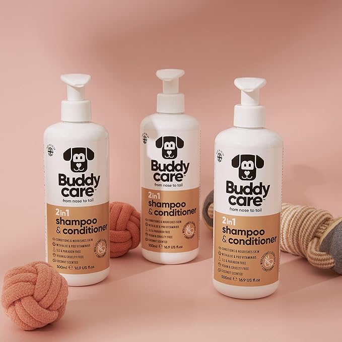 Buddycare 2in1 Dog Shampoo and Conditioner (16.90oz) | Coconut Scented Dog Shampoo Sensitive Skin | Hypoallergenic Itch Relief for Smelly Dogs | Essential Dog Grooming Supplies