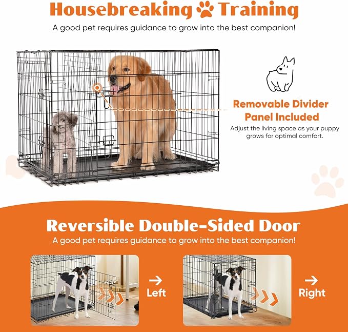 Sweetcrispy Dog Crate 48 Inch, Medium Large Dog Cage, Foldable Pet Kennel | Double Door, Metal Kennel, Secure Lock, Removable Tray, Indoor Outdoor Training Travel