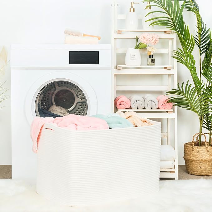 112L Extra Large Blanket Basket Holder Living Room, 25"x17"x16" Rectangle Rope Woven Storage Basket with Handles for Laundry, Towels, Shoes, Dog Toy Organizer Bin Box, Creamy White