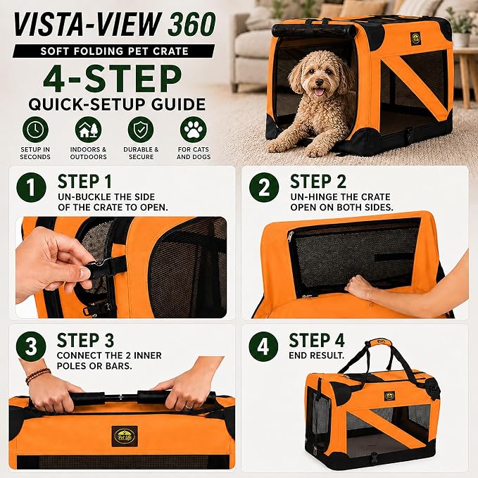 Pet Life ® Vista-View 360 Degree Zippered and Collapsible Soft Folding Pet Dog Crate Travel Dog Kennel with Zippered Entrances
