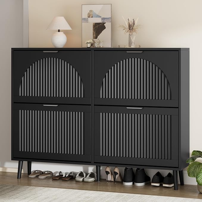 Shoe Storage Cabinet with 4 Flip Drawers, Narrow Wood Shoe Organizer Cabinet with Fluted Panel, Slim Shoe Rack for Entryway, Freestanding Shoe Cabinet for Living Room, Hallway, Black
