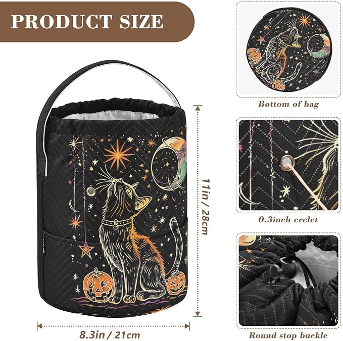 Fustylead Halloween Black Cat and Stars Moon Pumpkin Crochet Drawstring Organizer, Large Yarn Bag Storage Tote Basket for Crocheting On The Go, Kit Holder, Gift for Knitter, Crochet Beginner