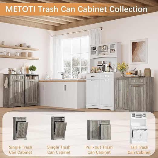13 Gallons Pull Out Trash Can Cabinet with Storage, Fluted Pet Proof Trash | Kitchen Trash Cabinet with Adjustable Shelf & Drawer, Hidden Garbage Can Cabinet for for Laundry, Living Room