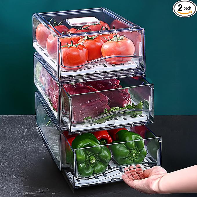 Fridge Organizers and Storage, BPA-Free Large Capacity Stackable Clear Fridge Organizer, With Strainer Layer Keep Fruits, Vegetables and Meat Fresh in refrigerator, freezer, Food Storage ( 2 Drawers)