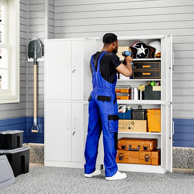 Metal Storage Locking Cabinet with 4 Doors and 2 Adjustable Shelves,71" Lockable Garage Tall Steel Cabinet,for Home Office,Living Room,Pantry,Gym,Commercial Storage (White)