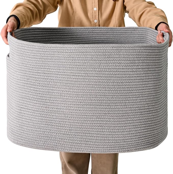 ICERZCZ Large Grey Storage Basket, Blanket Baskets for Living Room, Large Toy Basket for Storage, Woven Cotton Rope Baskets for Blankets, Clothes, Shoes, Books, Grey, 25”x16”x16” (105L)