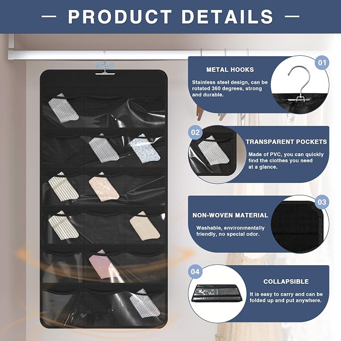 26-Pocket Hanging Closet Organizer for Socks and Underwear, Black | Non-woven clear compartments keep bras & leggings visible; swivel hook fits wardrobe, closet rod, wall, door or shelves.