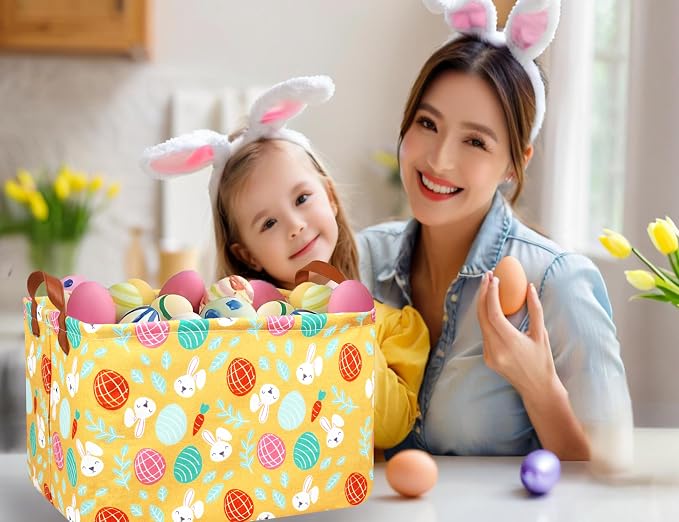 Large Rectangular Easter Baskets Empty Waterproof Boy Toy Box Foldable Kid's Gifts Storage Bin Spring Room Decor(Yellow Leaf Rabbit Egg)