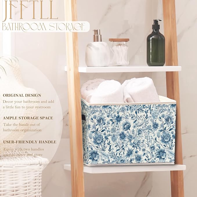 Chinoiserie Blue Floral Storage Bins with Handles, Retro Blue and White Wildflower Botanical Collapsible Laundry Basket Storage Box for Home Bedroom Bathroom Clothes Toys Books