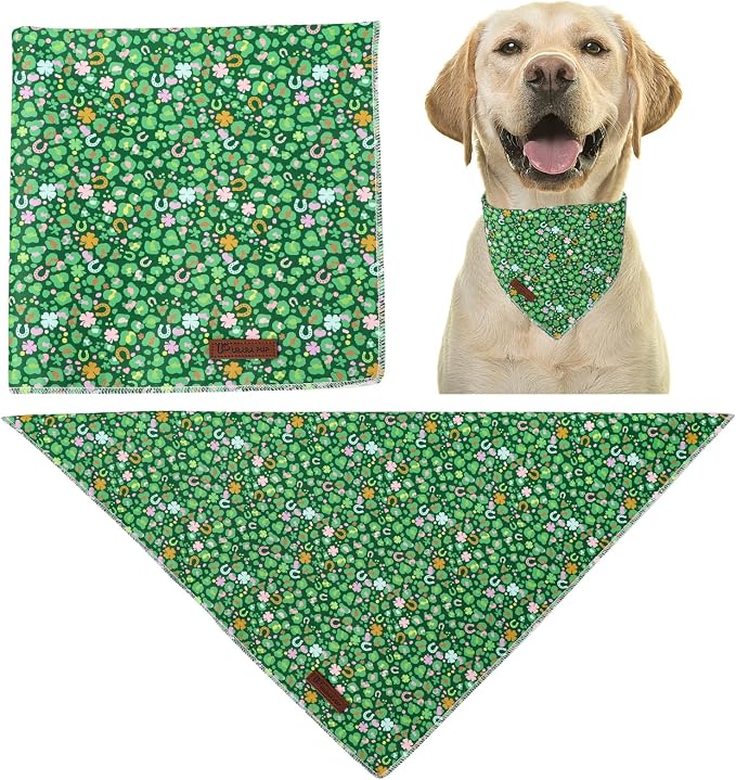 St. Patrick's Dog Bandanas, UP URARA PUP Shamrock Triangle Bid Clover Scarf for Medium Large Girl Boy Dogs, Spring Cotton Puppy Kerchief, Green Dog Bandana,L