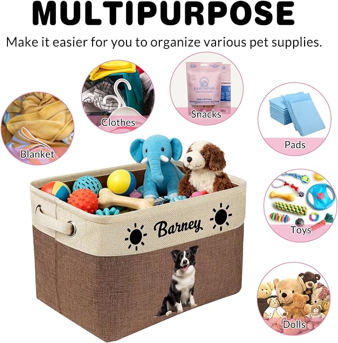 Personalized Dog Toy Storage Basket with Pet Name/Photo, Collapsible Custom Pet Storage Bin with Durable Handles, Large Capacity Organizer Box for Cat Toys