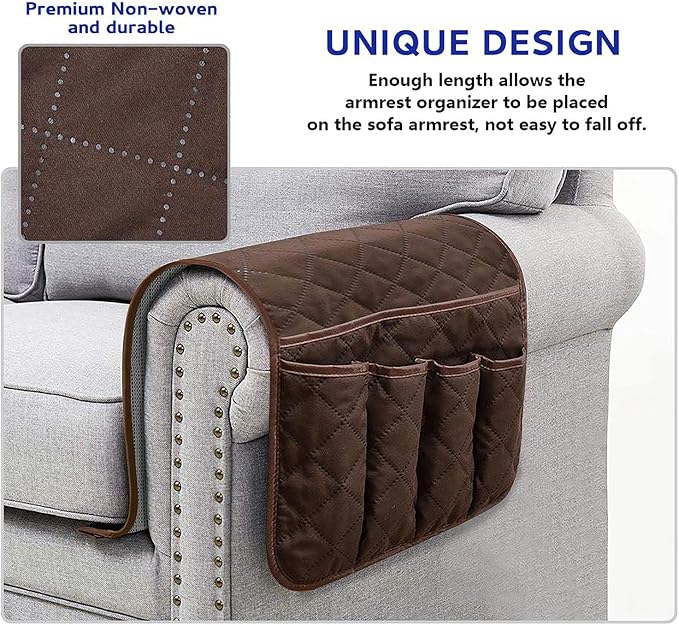 Armchair Caddy for Recliner, Non Slip Sofa Arm Organizer, Dark Brown | 5-Pocket Recliner Armrest Organizer, Couch Side Storage Holder for Remotes, Cell Phone, Magazines & Tablets, Machine Washable