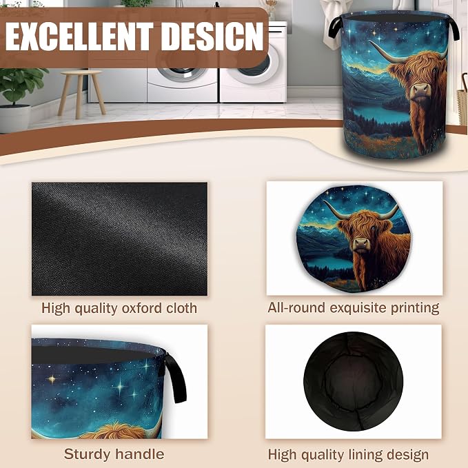 Highland Cow Laundry Baskets,Starry Night Laundry Hamper,Storage Basket with Handles for Bathroom Bedroom College Dormitory Living Room Nursery Organizer 16"x20.8"