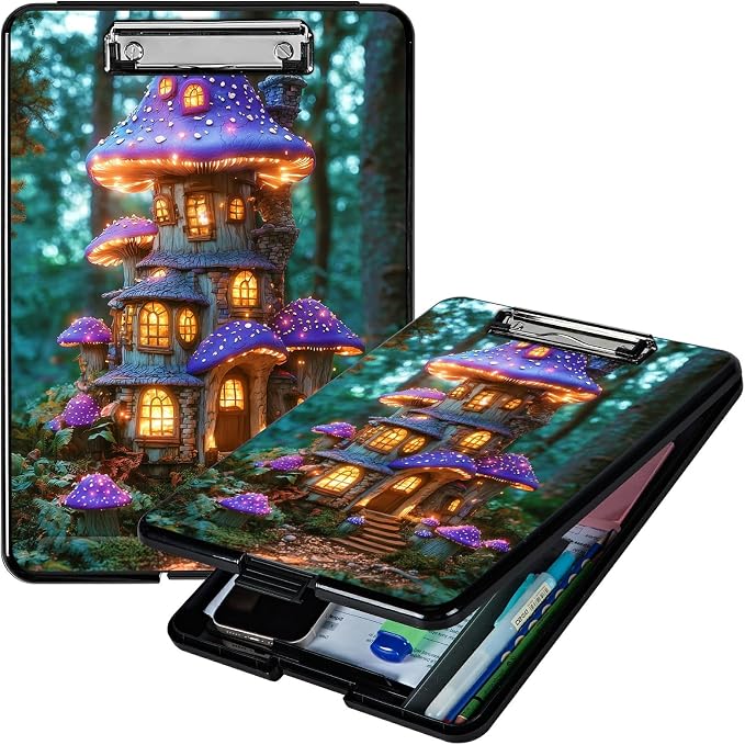 Heavy Duty Storage Clipboard, Slim Nursing Clipboard with Internal Pen Case, Portable File Organizer Case for A4 Letter Size Paper Office Medical Professionals, Purple Mushroom Castle