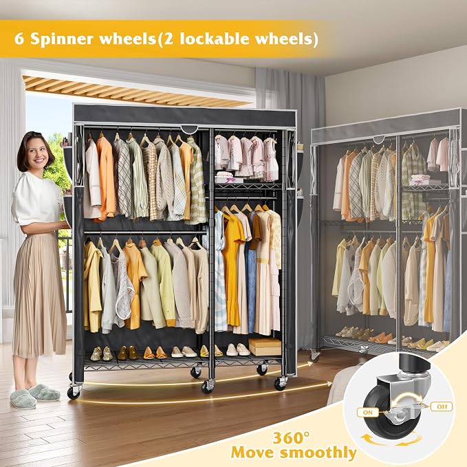 Raybee Clothes Rack with Cover, Rolling Portable Closet, 4 Hanging Zones | Heavy Duty, Tool-free Assembly, Adjustable Shelves, Lockable Wheels, Freestanding, Covered, Saving Space for Bedroom,Dorm