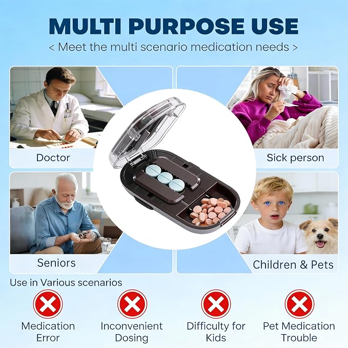 Precision Pill Cutter for Small and Tiny Pills, Sharp Blade with Storage Compartment, Travel-Friendly 1/2 Pill Splitter for Home/On-The-Go, Black