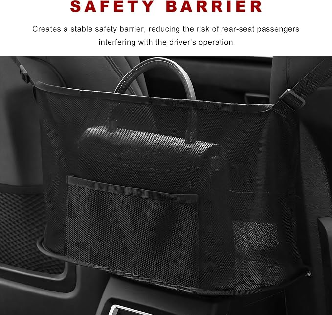 Car Net Pocket Handbag Holder, Large Capacity Mesh Bag for Console Front Seat, Barrier of Backseat Pet Storage Netting Pouch for Handbag Purse, Car Accessories for Women Men (Black)